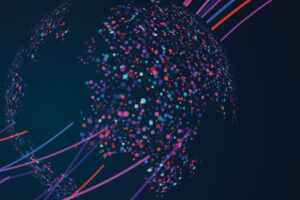 Abstract digital globe made up of colorful dots and lines representing global data connections on a dark background.
