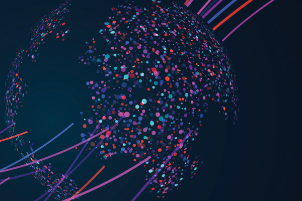 Abstract digital globe made up of colorful dots and lines representing global data connections on a dark background.