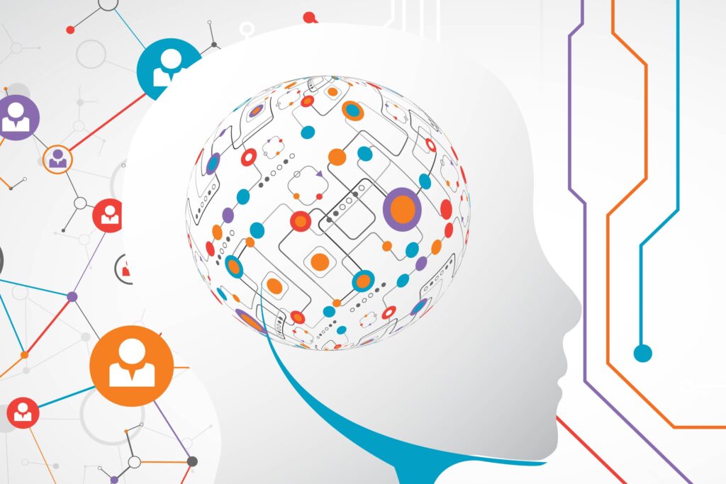 Colorful drawing of human connection with artificial intelligence and data.