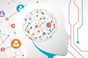 Colorful drawing of human connection with artificial intelligence and data.