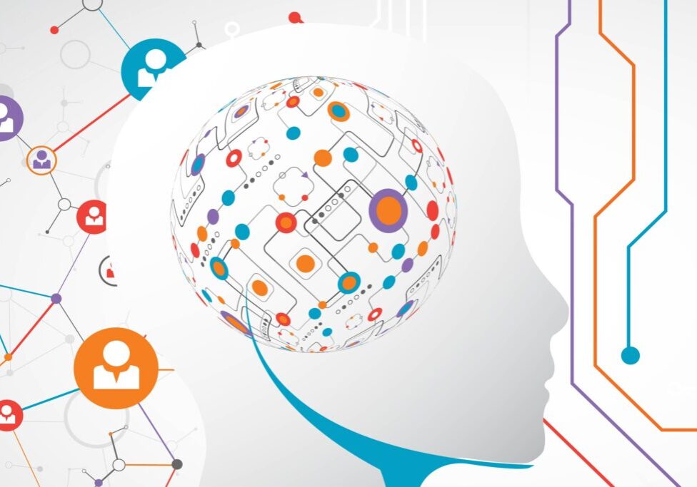 Colorful drawing of human connection with artificial intelligence and data.