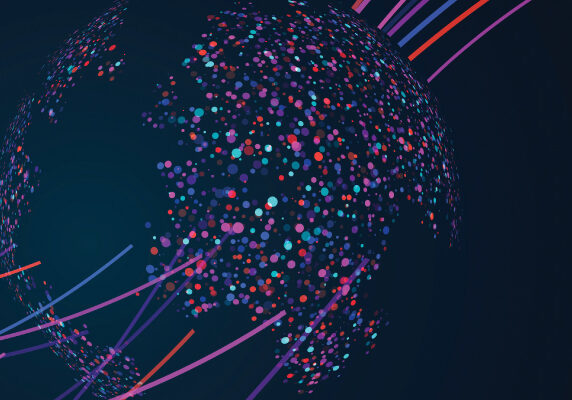 Abstract digital globe made up of colorful dots and lines representing global data connections on a dark background.